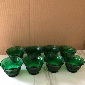 1930s Emerald Forest Green Depression Era Glass Dessert Cups -Set of 8